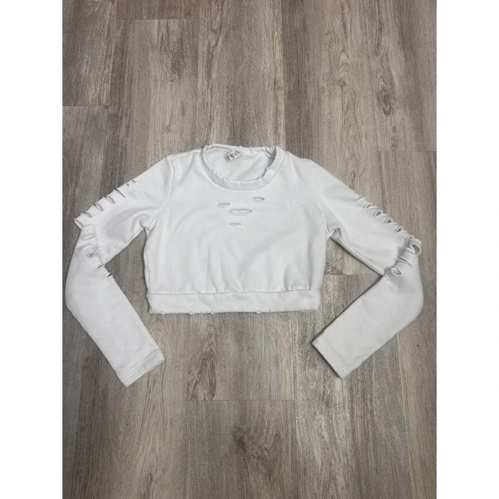 Alo Yoga White Ripped Warrior Distressed Cropped Sweatshirt Womens Size Small